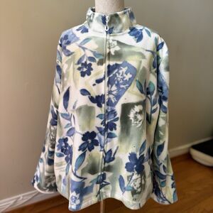 Alfred Dunner Petite Women's Fleece Full Zip Jacket Floral Print Rhinestones PL